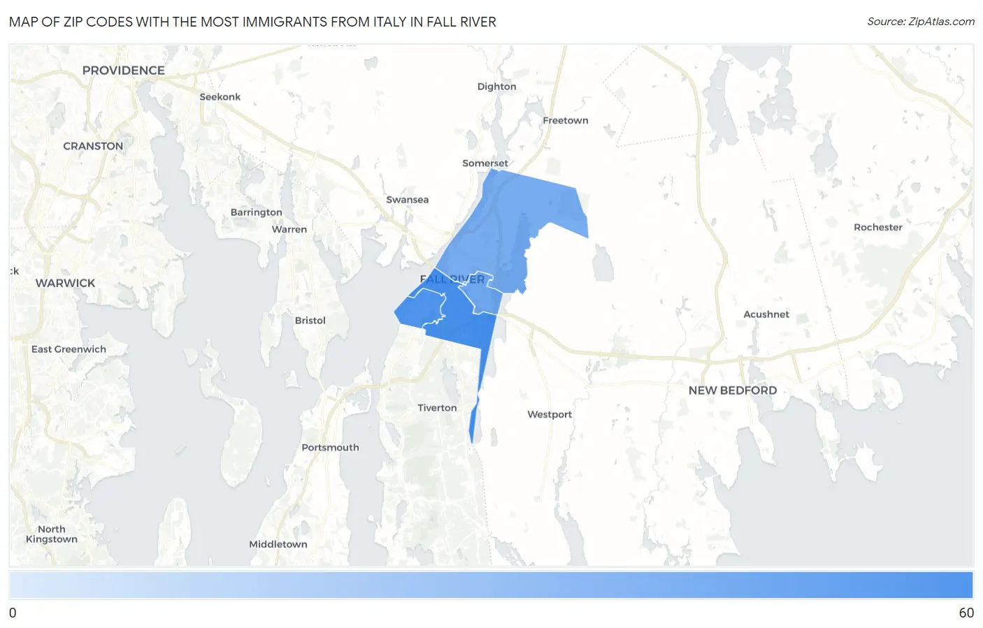 Zip Codes with the Most Immigrants from Italy in Fall River Map