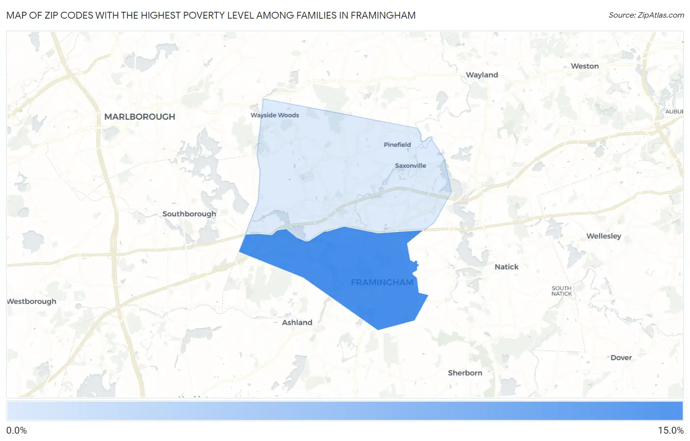 Zip Codes with the Highest Poverty Level Among Families in Framingham Map