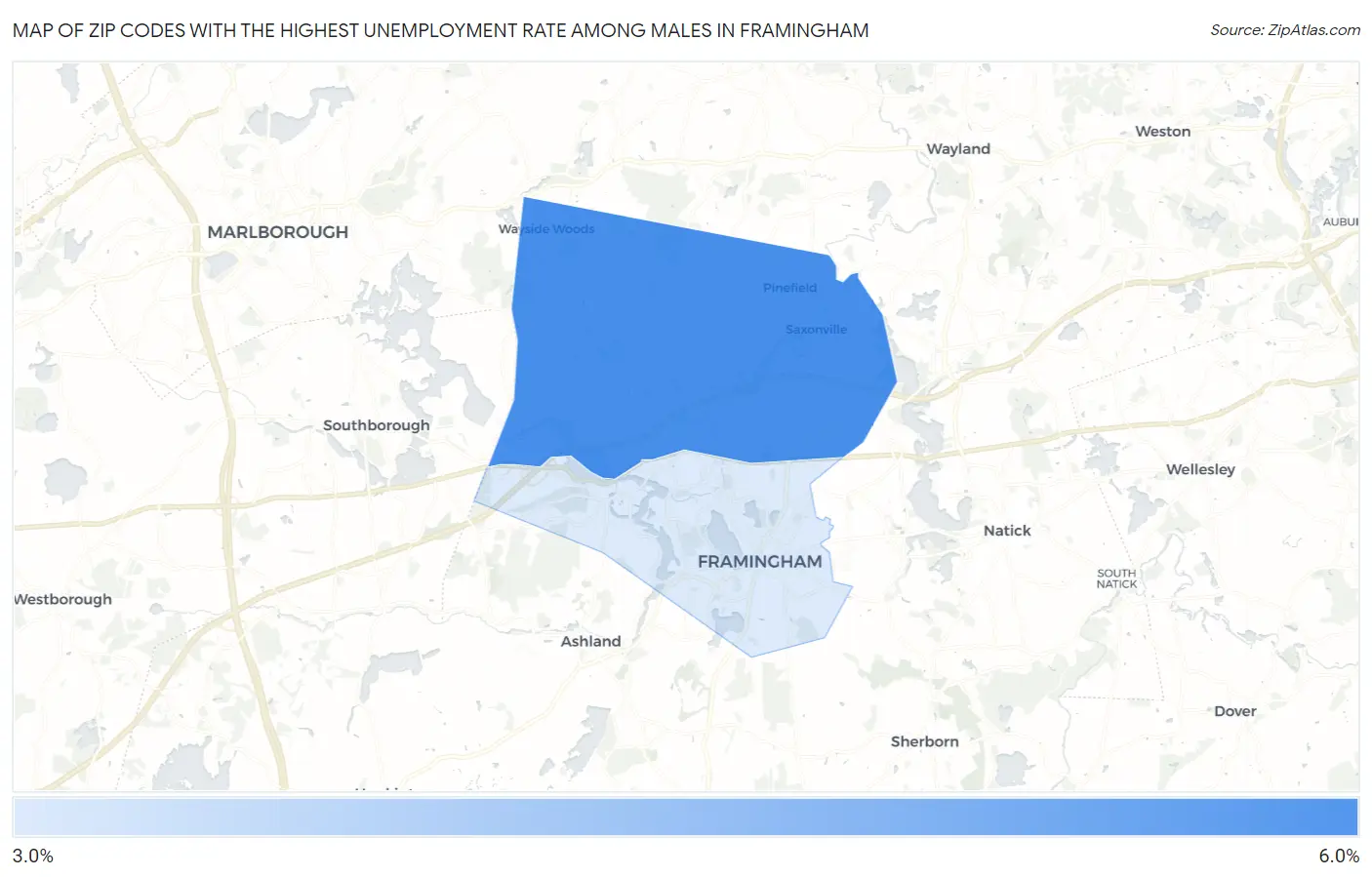 Zip Codes with the Highest Unemployment Rate Among Males in Framingham Map