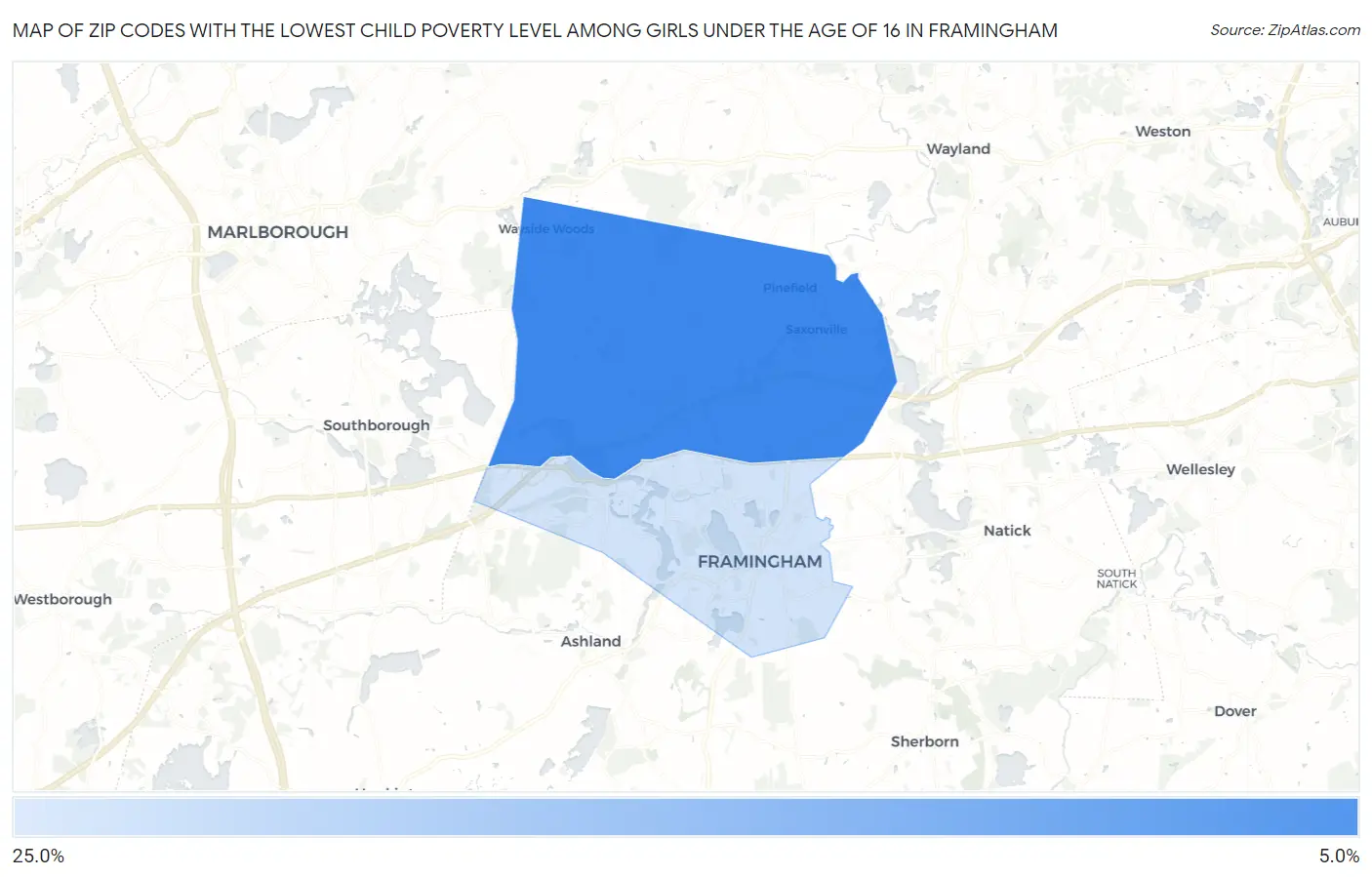 Zip Codes with the Lowest Child Poverty Level Among Girls Under the Age of 16 in Framingham Map