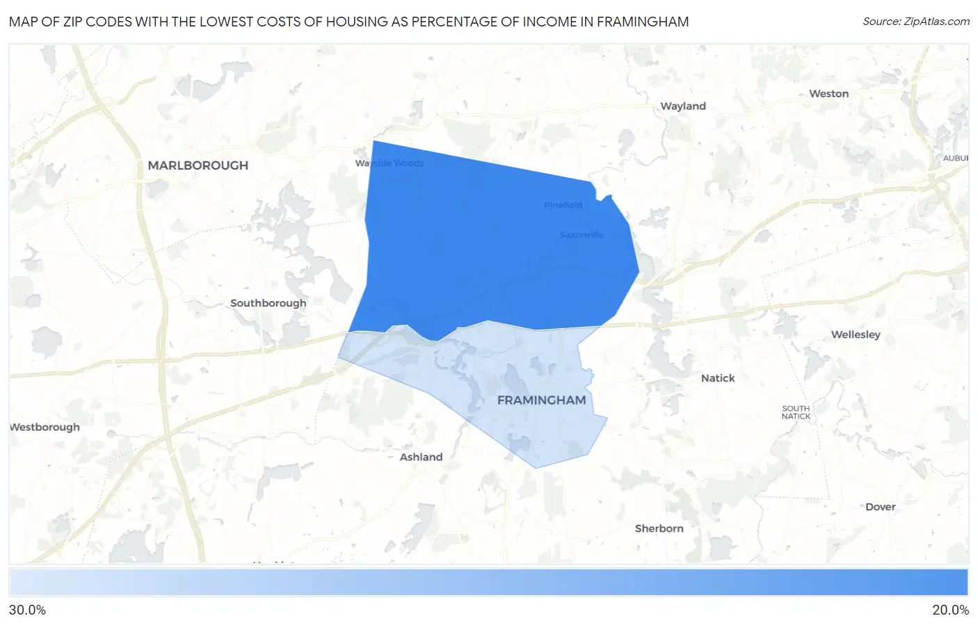 Zip Codes with the Lowest Costs of Housing as Percentage of Income in Framingham Map