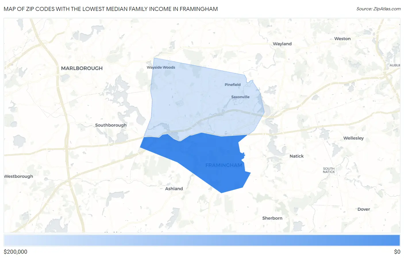 Zip Codes with the Lowest Median Family Income in Framingham Map