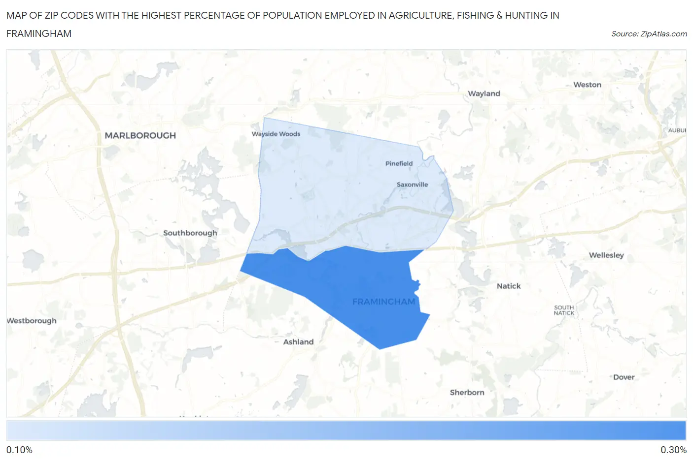 Zip Codes with the Highest Percentage of Population Employed in Agriculture, Fishing & Hunting in Framingham Map