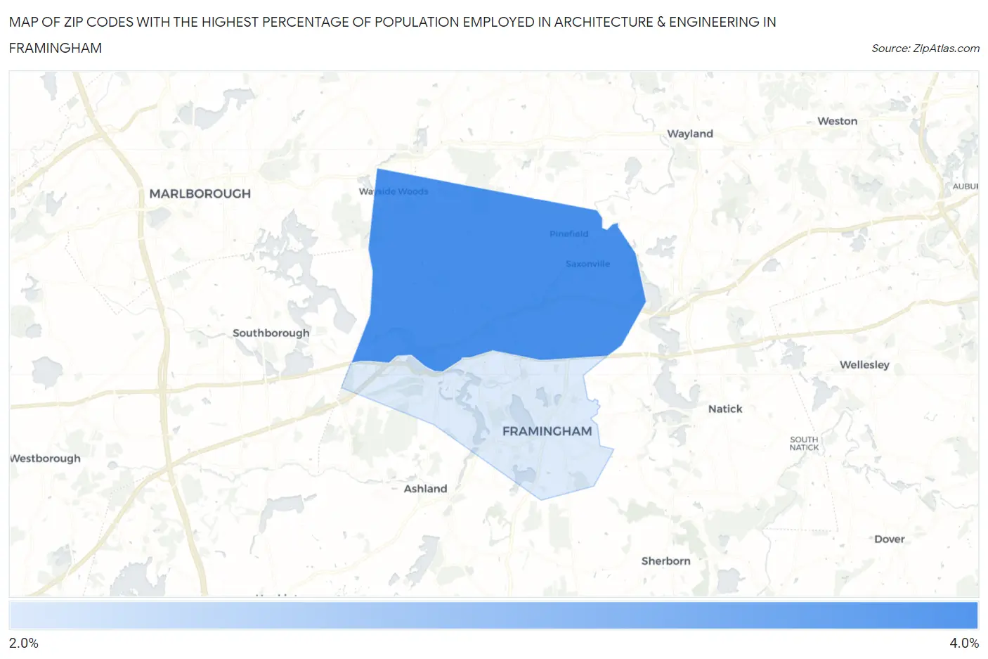 Zip Codes with the Highest Percentage of Population Employed in Architecture & Engineering in Framingham Map