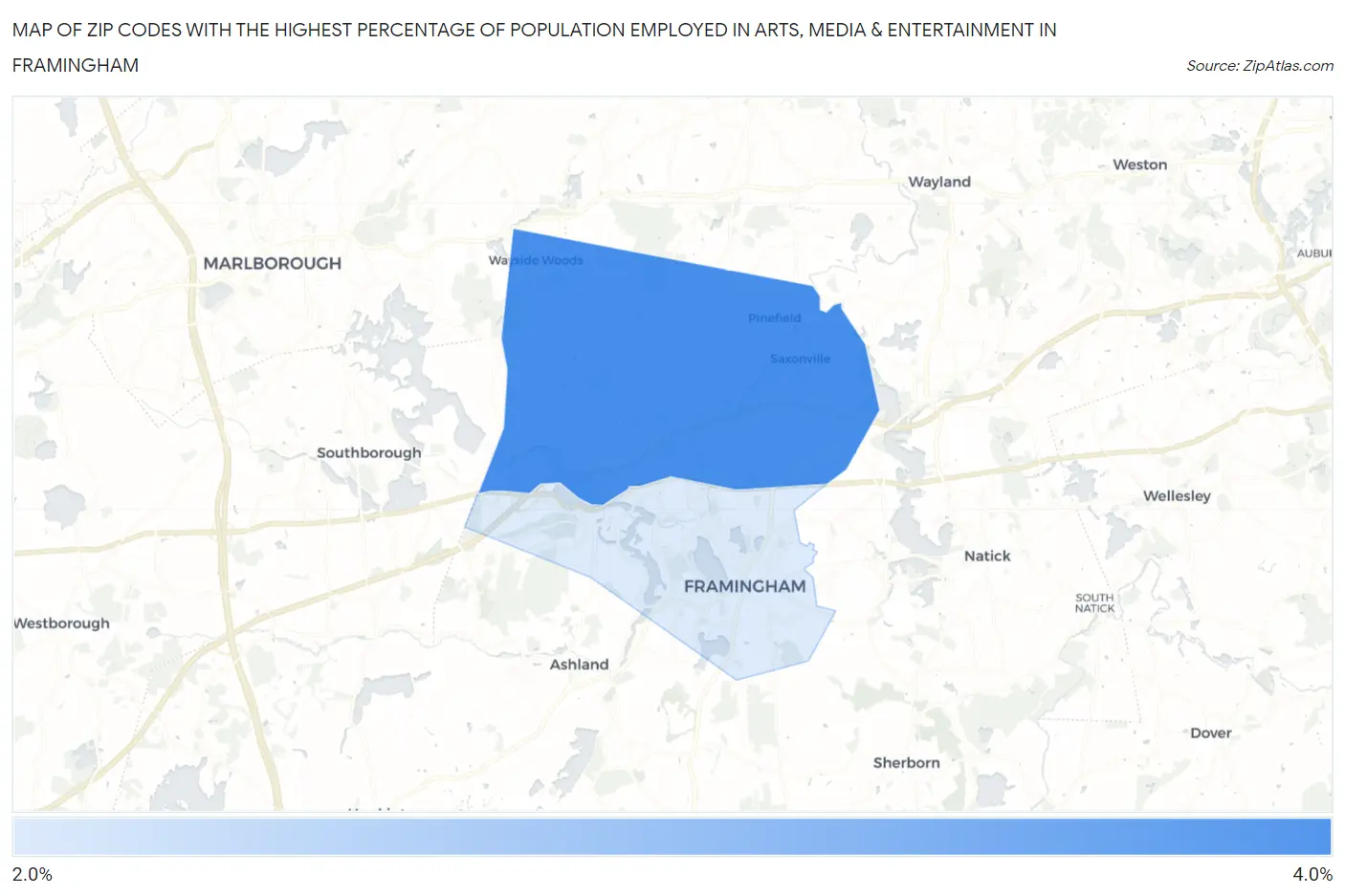 Zip Codes with the Highest Percentage of Population Employed in Arts, Media & Entertainment in Framingham Map