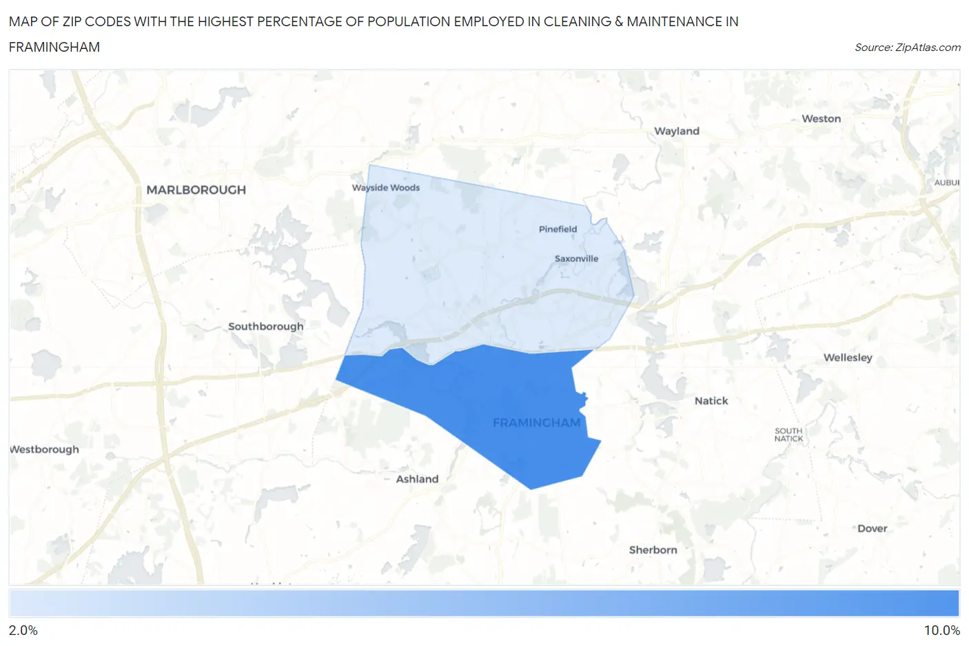 Zip Codes with the Highest Percentage of Population Employed in Cleaning & Maintenance in Framingham Map