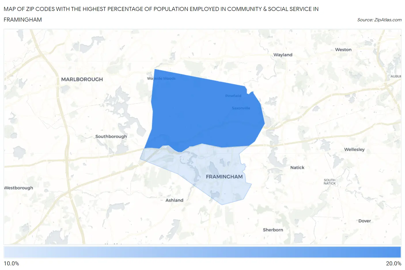 Zip Codes with the Highest Percentage of Population Employed in Community & Social Service  in Framingham Map