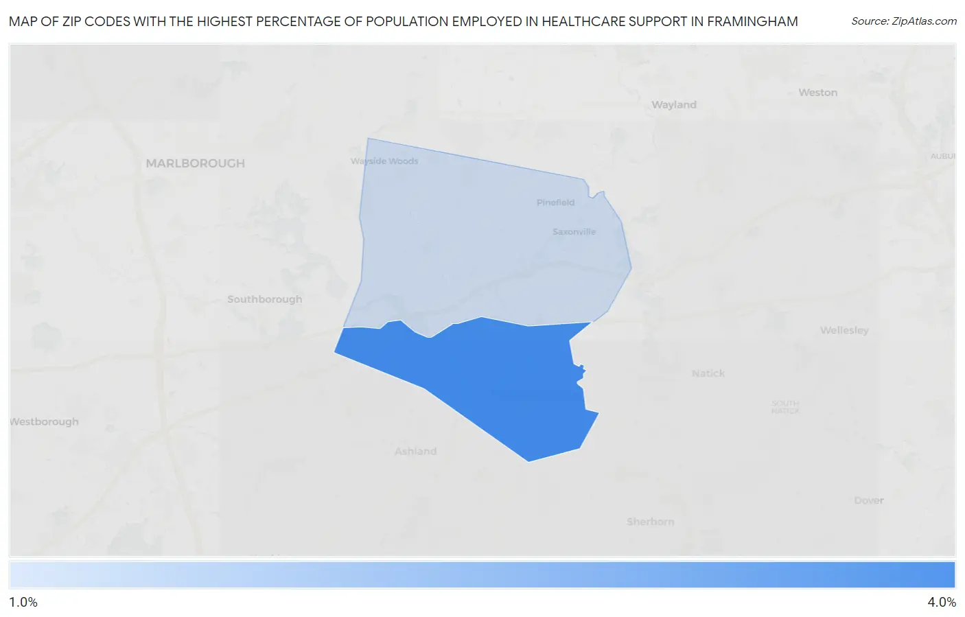 Zip Codes with the Highest Percentage of Population Employed in Healthcare Support in Framingham Map