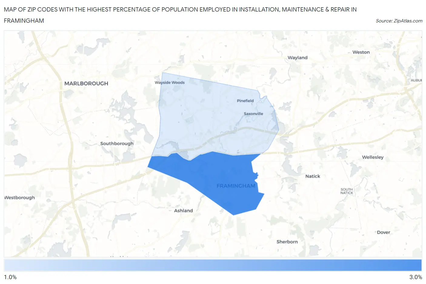 Zip Codes with the Highest Percentage of Population Employed in Installation, Maintenance & Repair in Framingham Map