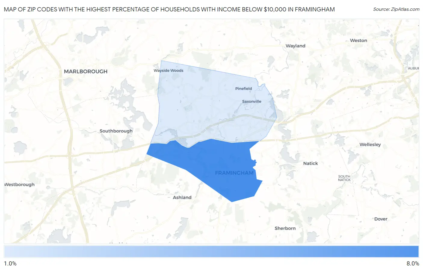 Zip Codes with the Highest Percentage of Households with Income Below $10,000 in Framingham Map