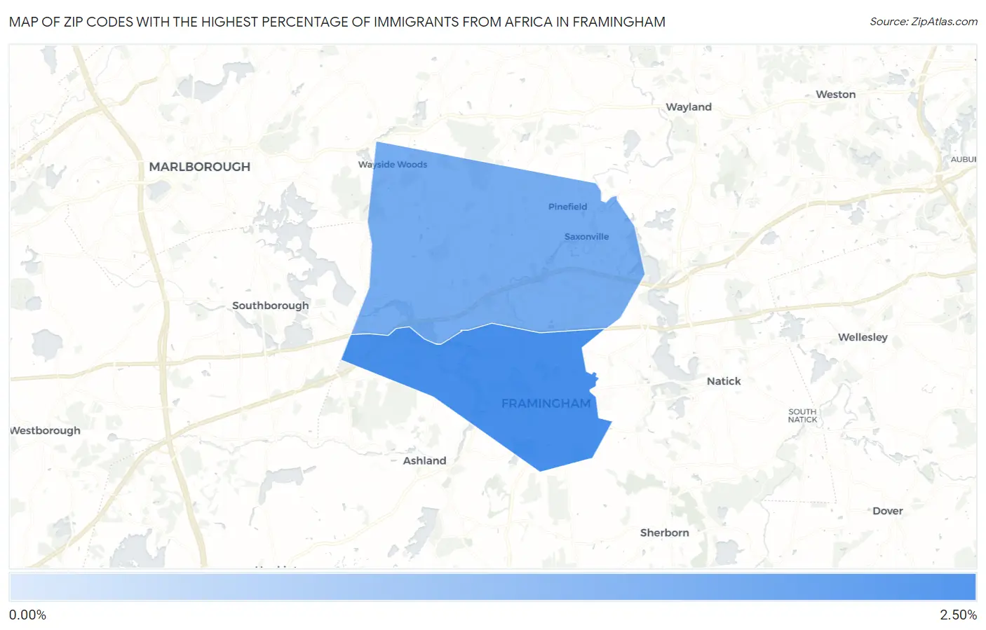 Zip Codes with the Highest Percentage of Immigrants from Africa in Framingham Map
