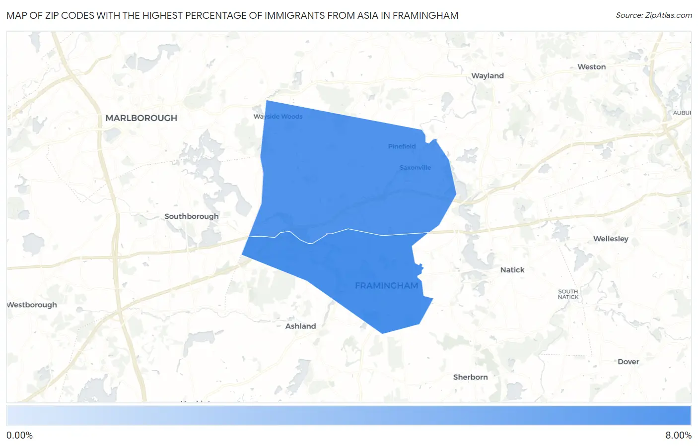Zip Codes with the Highest Percentage of Immigrants from Asia in Framingham Map