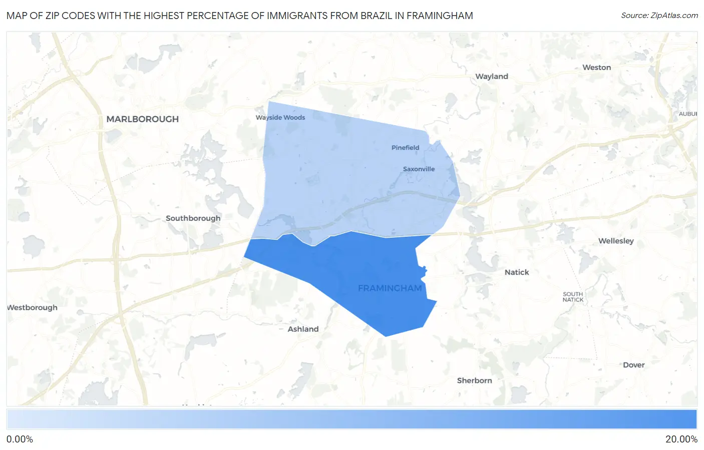 Zip Codes with the Highest Percentage of Immigrants from Brazil in Framingham Map