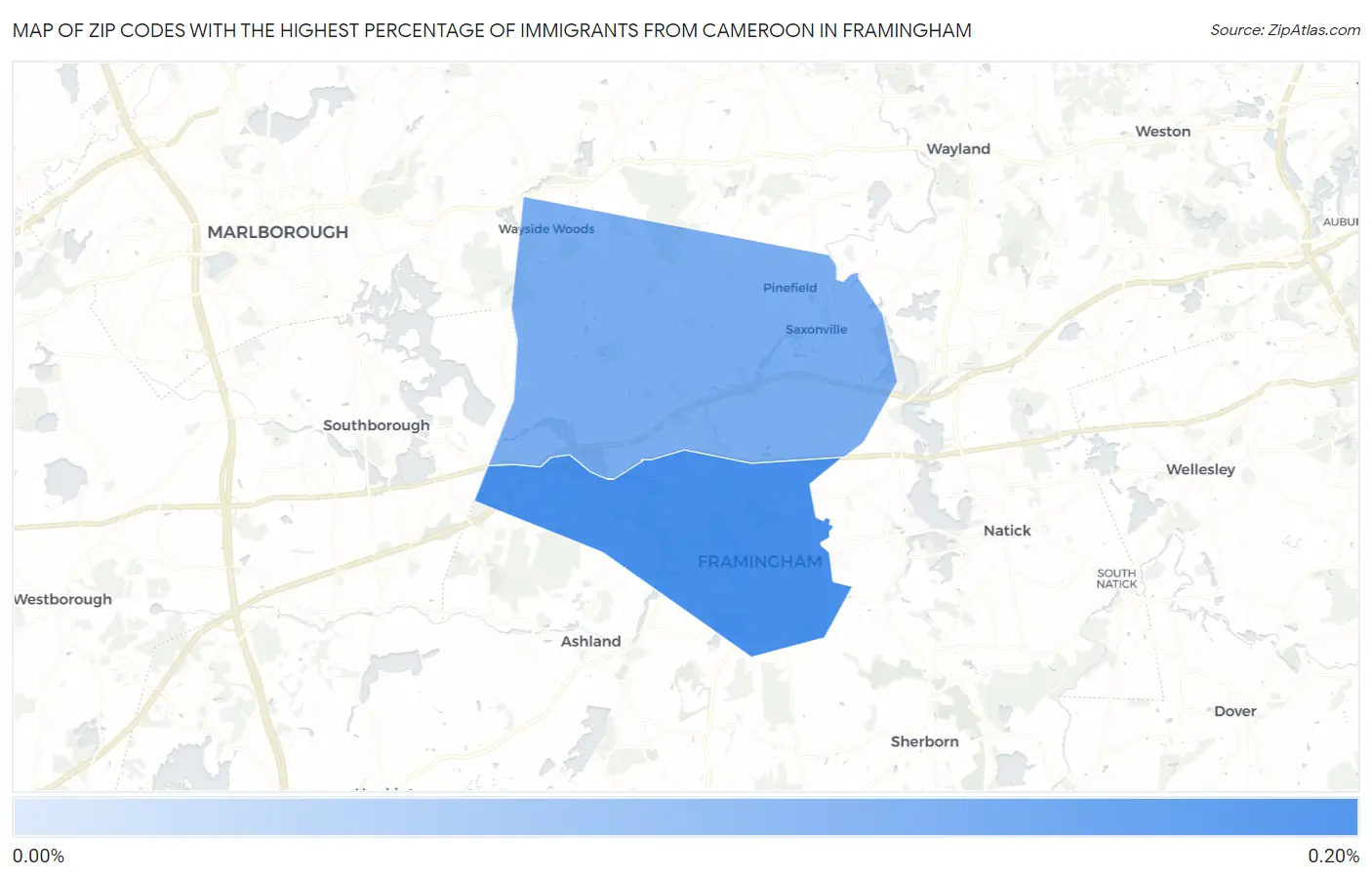 Zip Codes with the Highest Percentage of Immigrants from Cameroon in Framingham Map