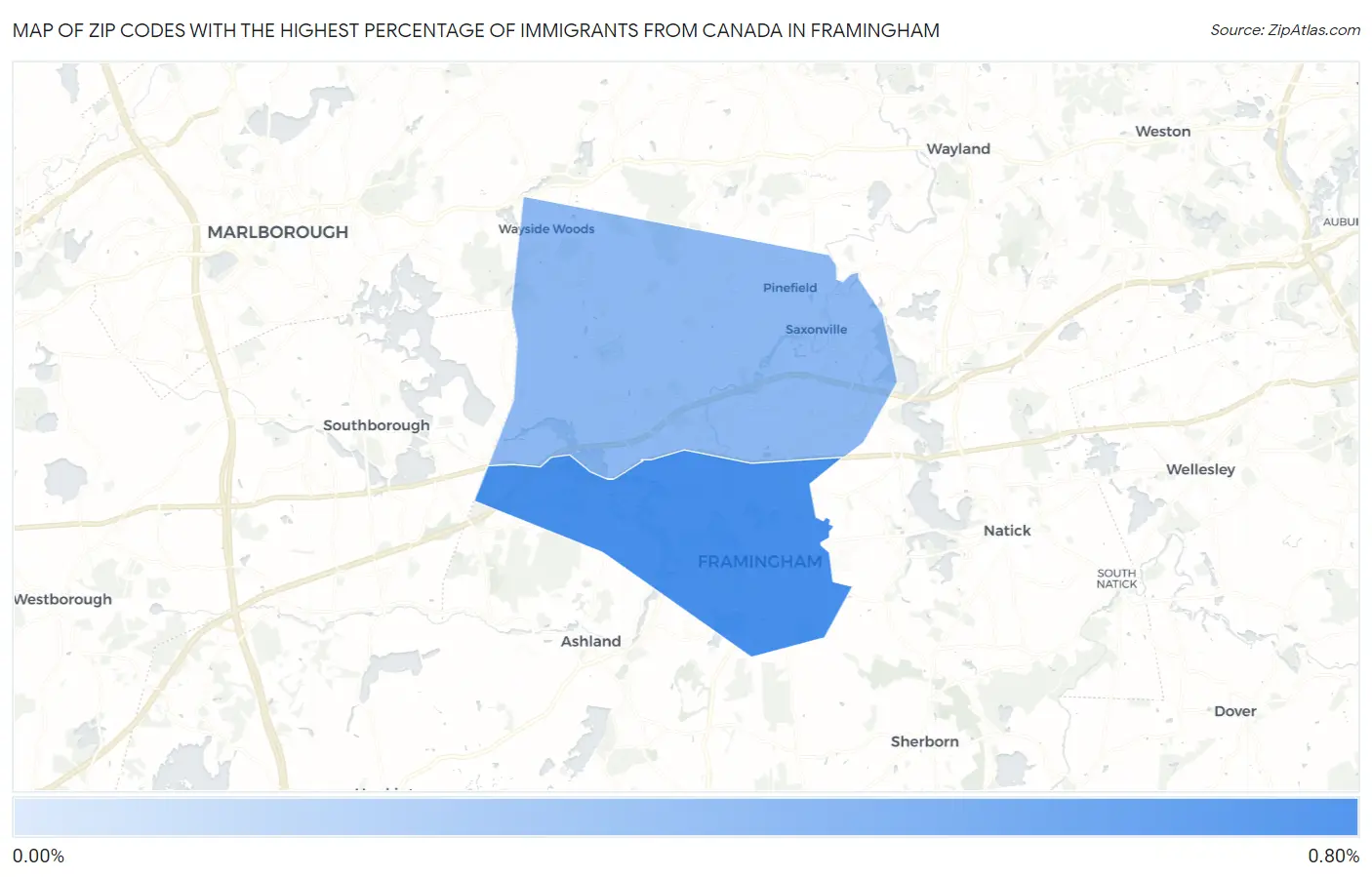 Zip Codes with the Highest Percentage of Immigrants from Canada in Framingham Map
