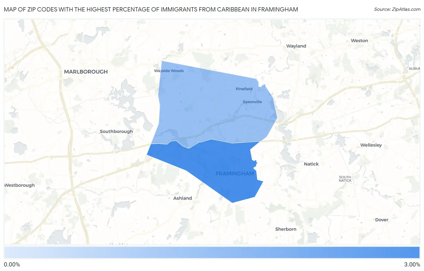 Zip Codes with the Highest Percentage of Immigrants from Caribbean in Framingham Map