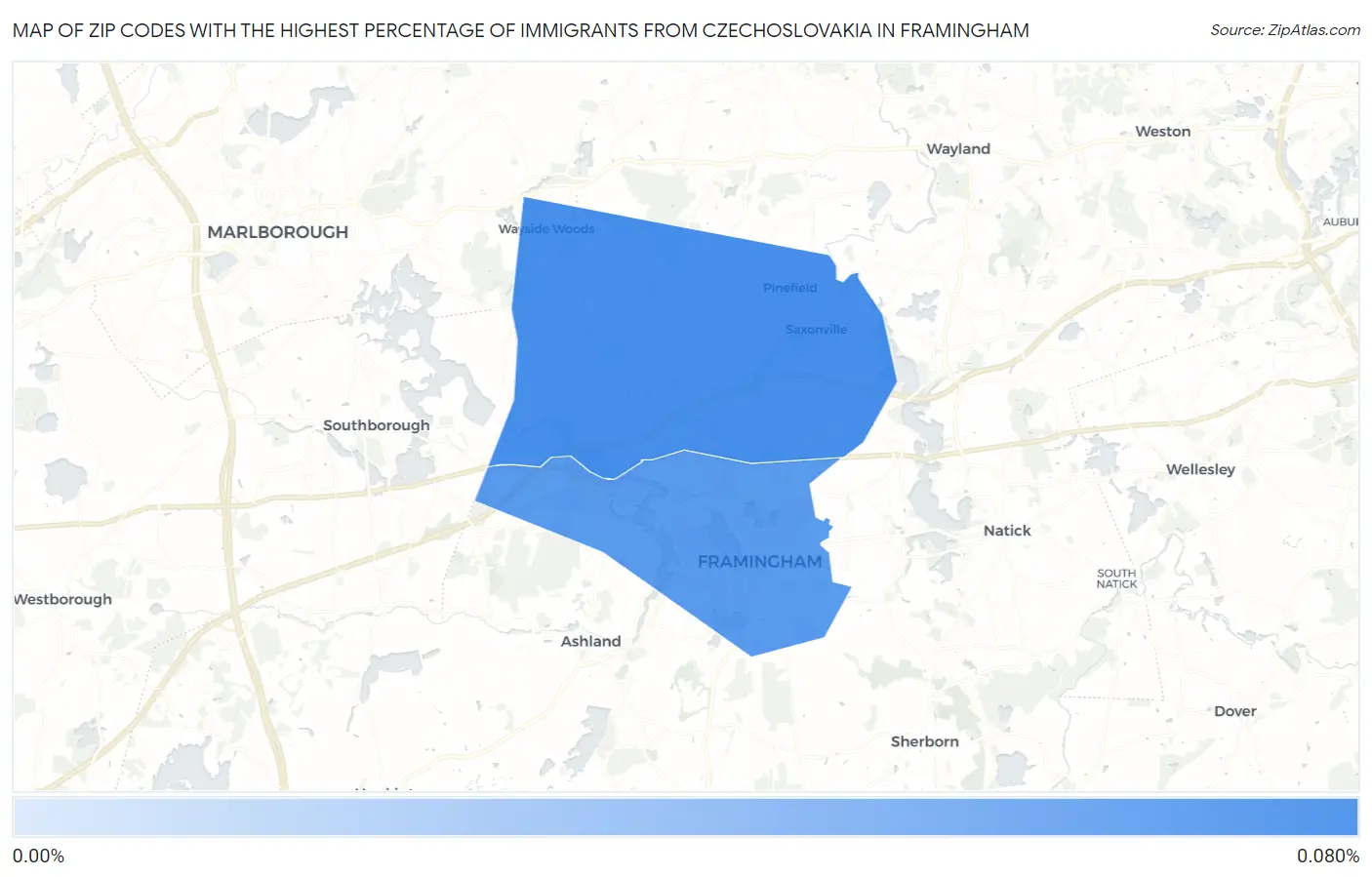 Zip Codes with the Highest Percentage of Immigrants from Czechoslovakia in Framingham Map