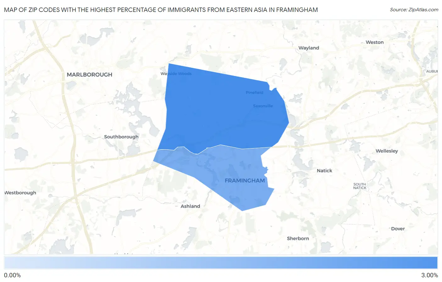 Zip Codes with the Highest Percentage of Immigrants from Eastern Asia in Framingham Map