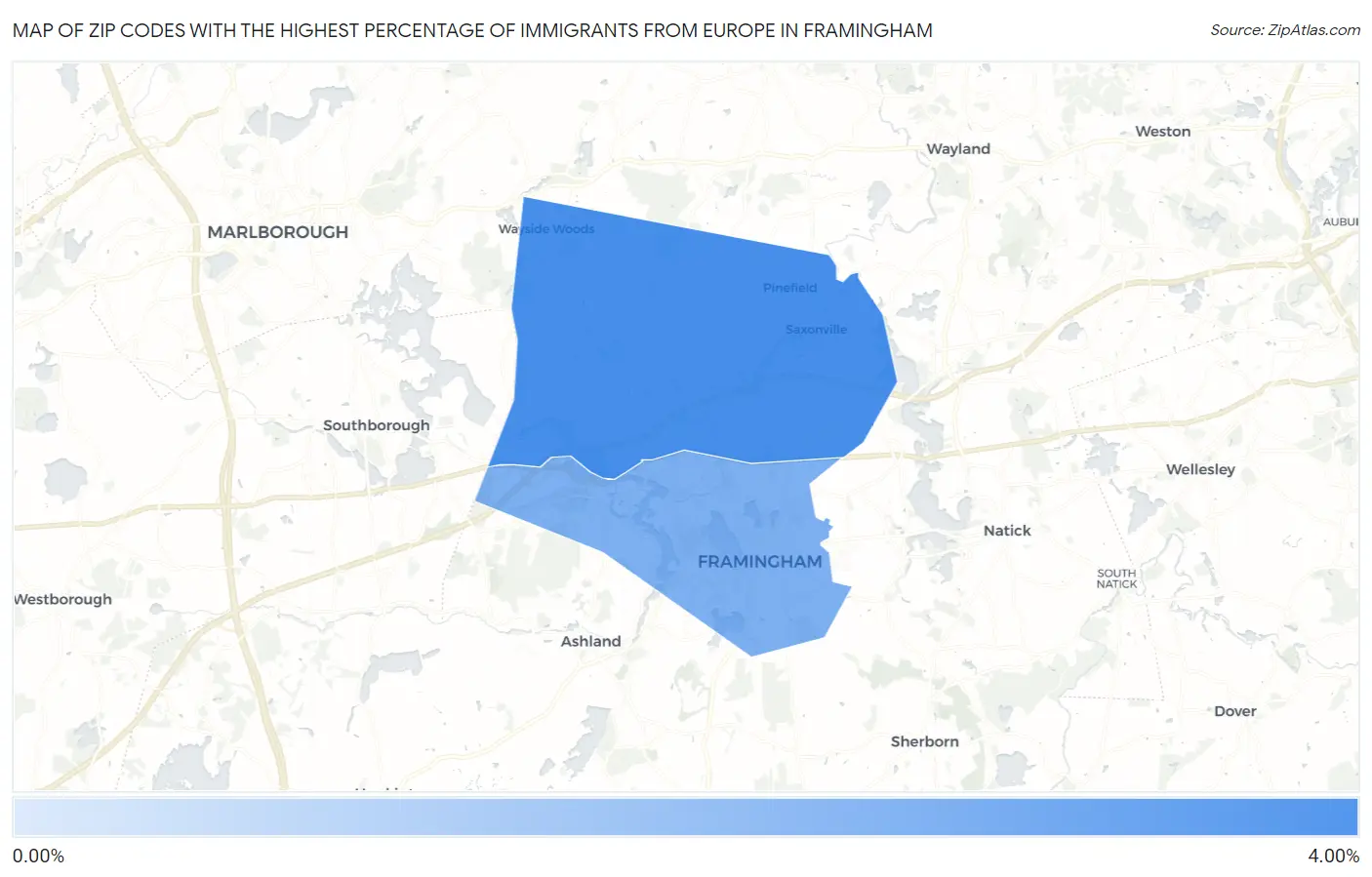 Zip Codes with the Highest Percentage of Immigrants from Europe in Framingham Map