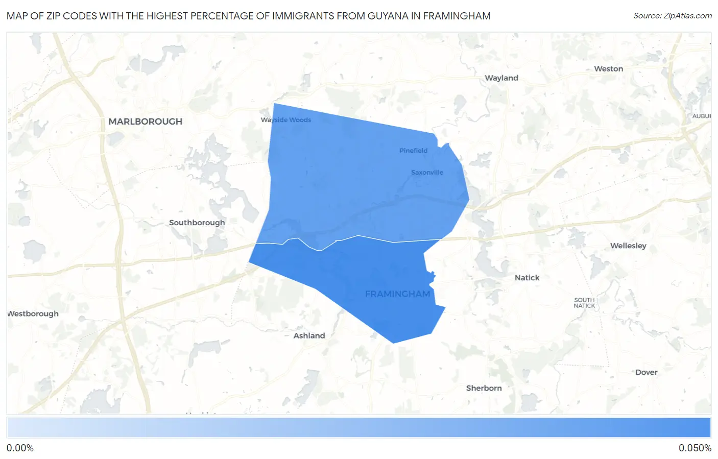 Zip Codes with the Highest Percentage of Immigrants from Guyana in Framingham Map