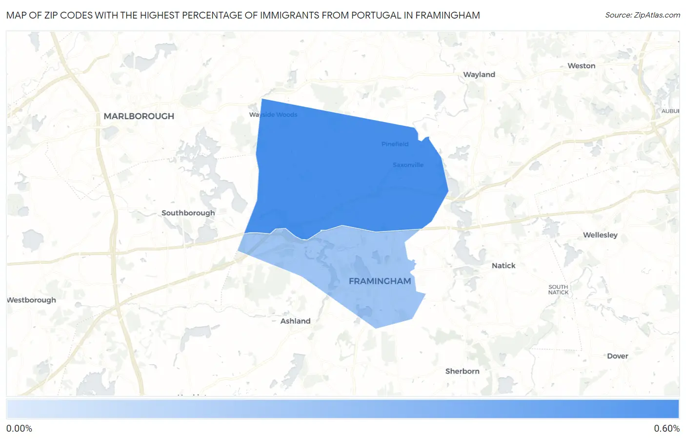Zip Codes with the Highest Percentage of Immigrants from Portugal in Framingham Map