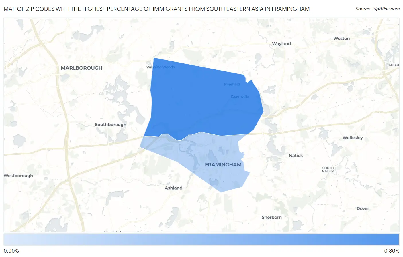Zip Codes with the Highest Percentage of Immigrants from South Eastern Asia in Framingham Map