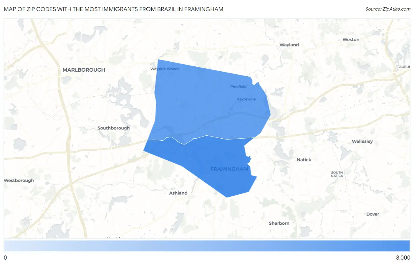 Zip Codes with the Most Immigrants from Brazil in Framingham Map