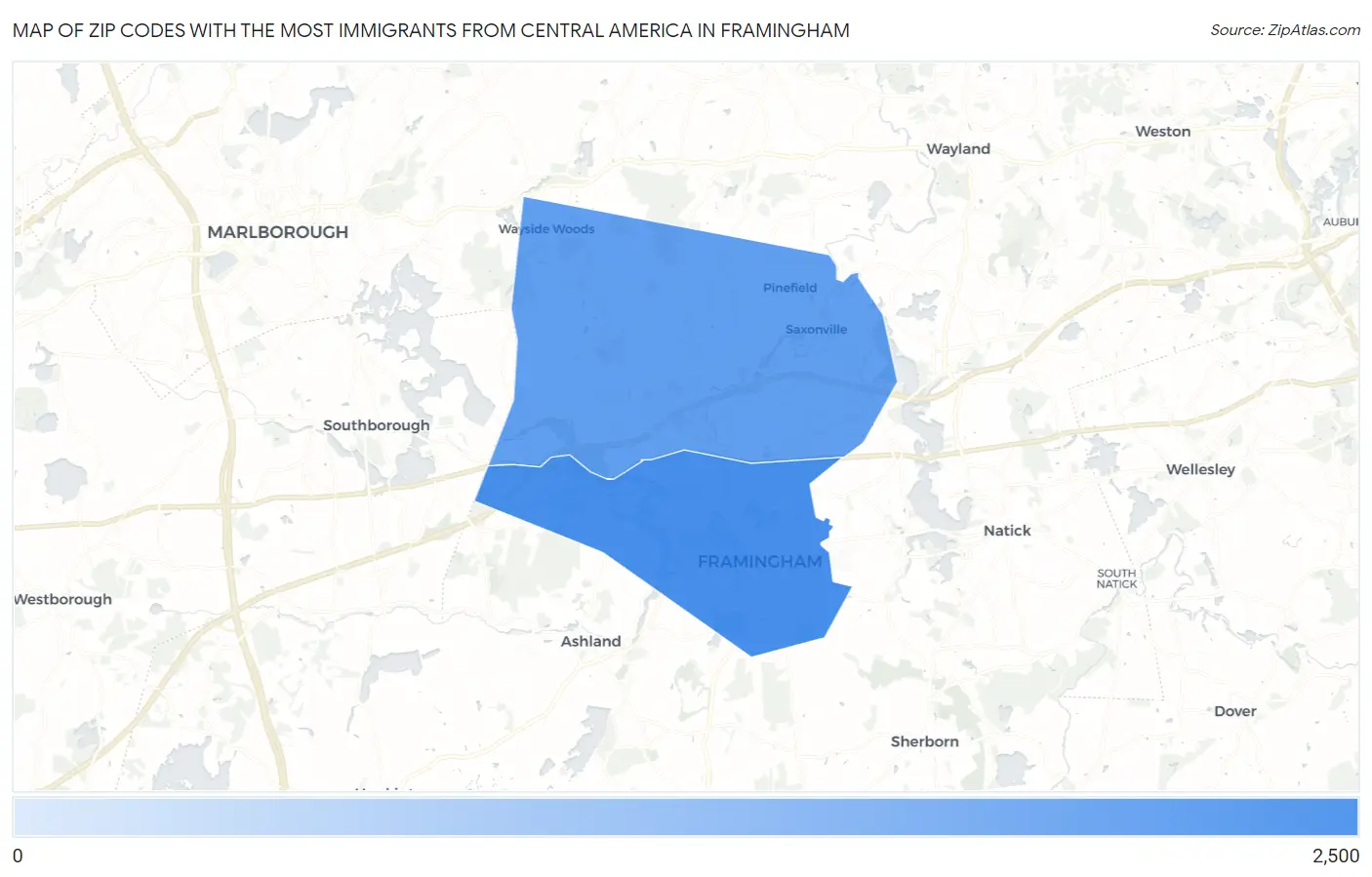 Zip Codes with the Most Immigrants from Central America in Framingham Map