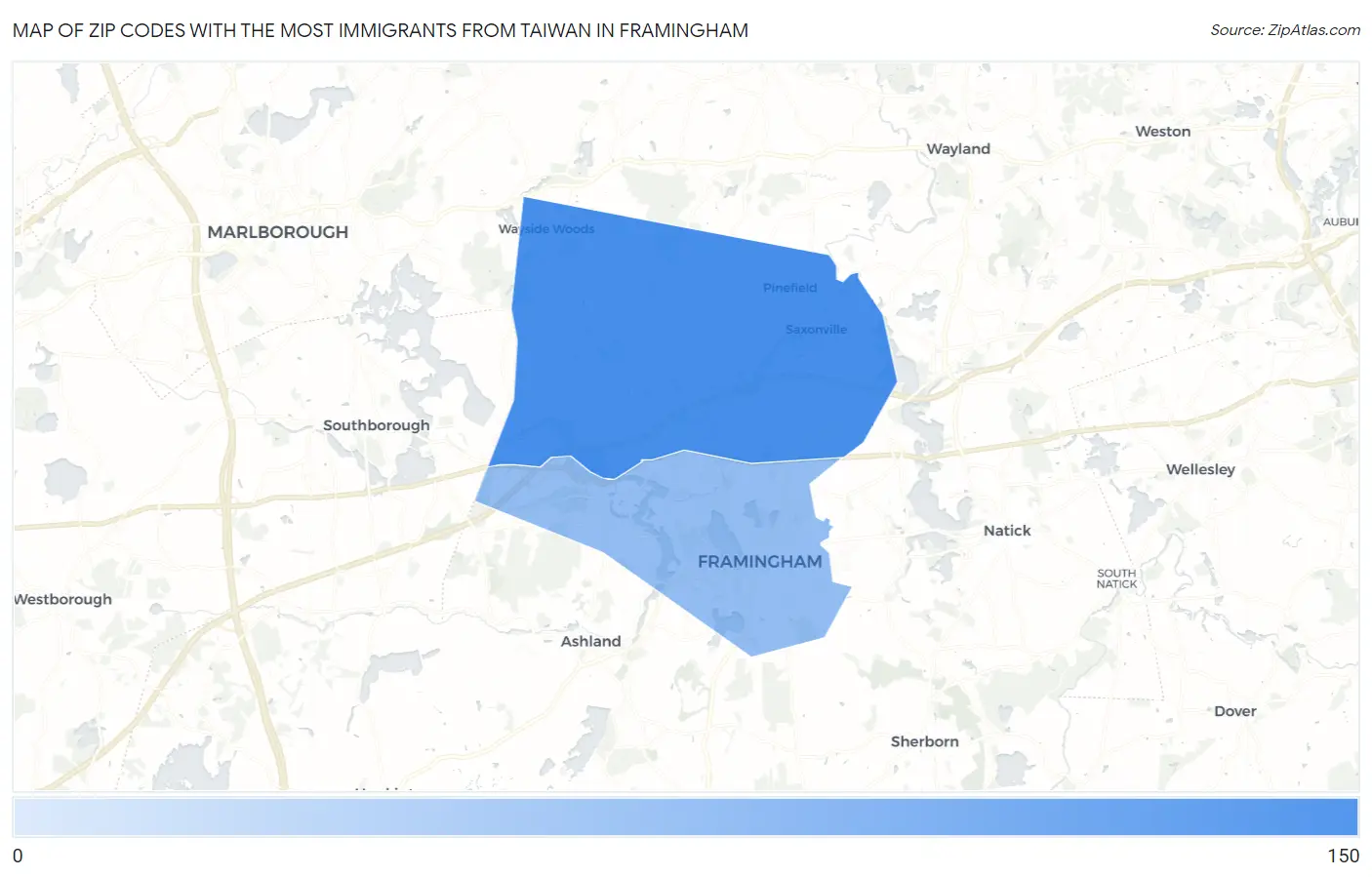 Zip Codes with the Most Immigrants from Taiwan in Framingham Map