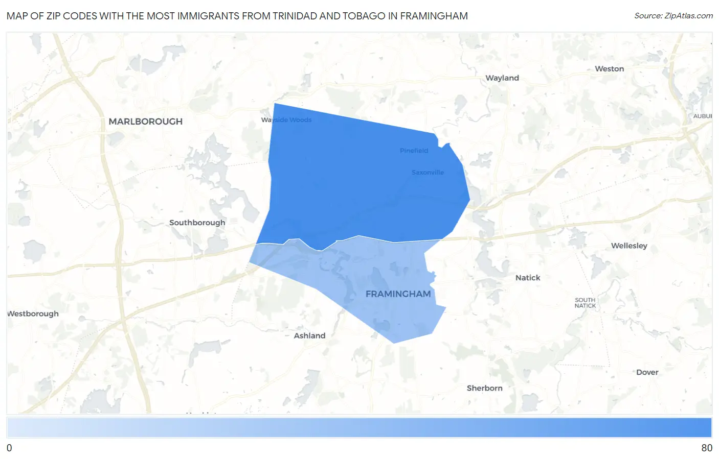 Zip Codes with the Most Immigrants from Trinidad and Tobago in Framingham Map