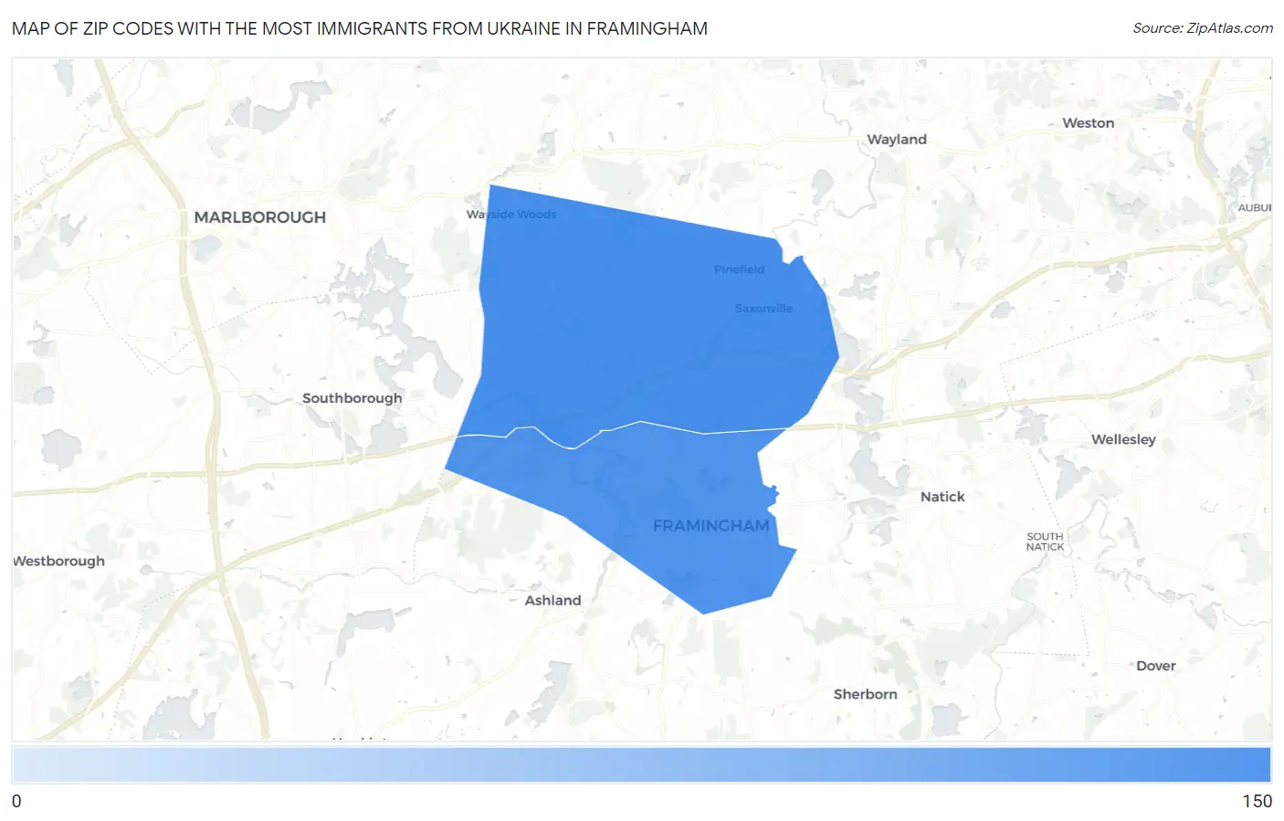 Zip Codes with the Most Immigrants from Ukraine in Framingham Map