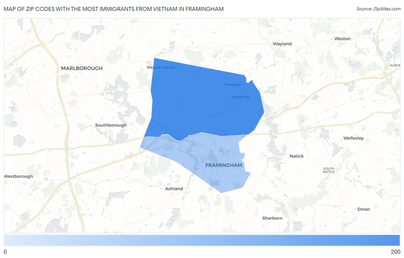 Zip Codes with the Most Immigrants from Vietnam in Framingham Map