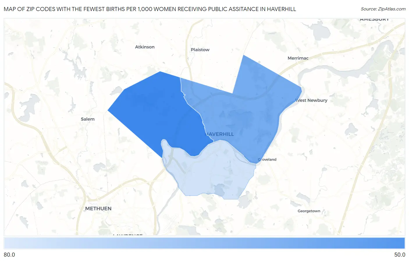 Zip Codes with the Fewest Births per 1,000 Women Receiving Public Assitance in Haverhill Map