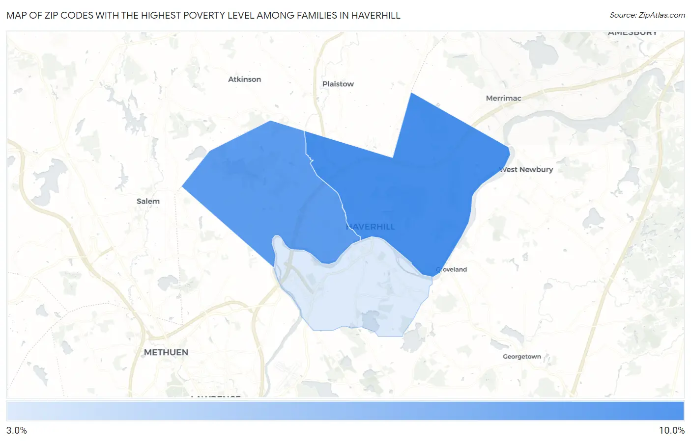Zip Codes with the Highest Poverty Level Among Families in Haverhill Map