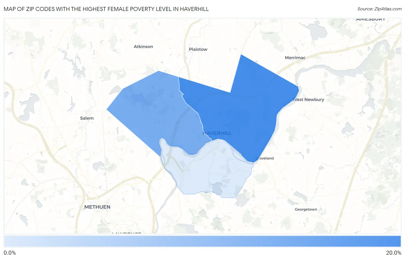 Zip Codes with the Highest Female Poverty Level in Haverhill Map