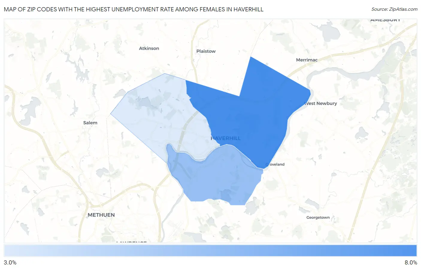 Zip Codes with the Highest Unemployment Rate Among Females in Haverhill Map
