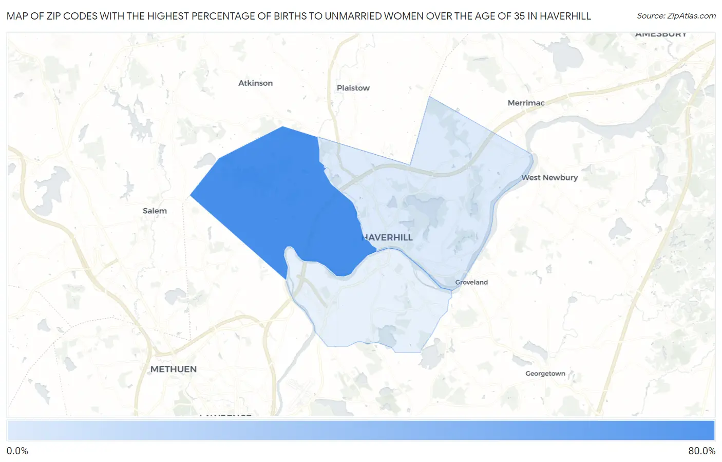 Zip Codes with the Highest Percentage of Births to Unmarried Women over the Age of 35 in Haverhill Map