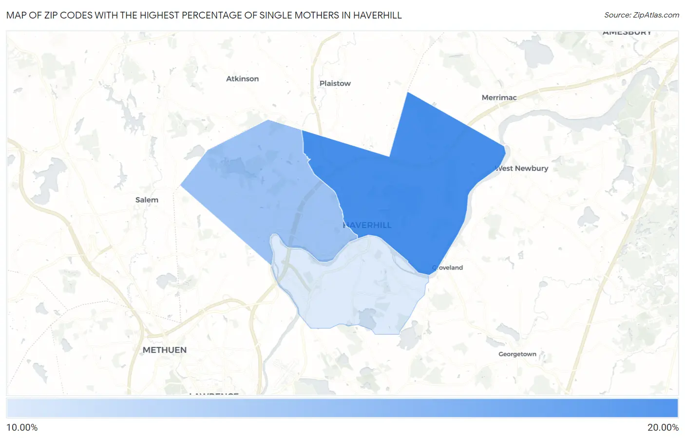 Zip Codes with the Highest Percentage of Single Mothers in Haverhill Map