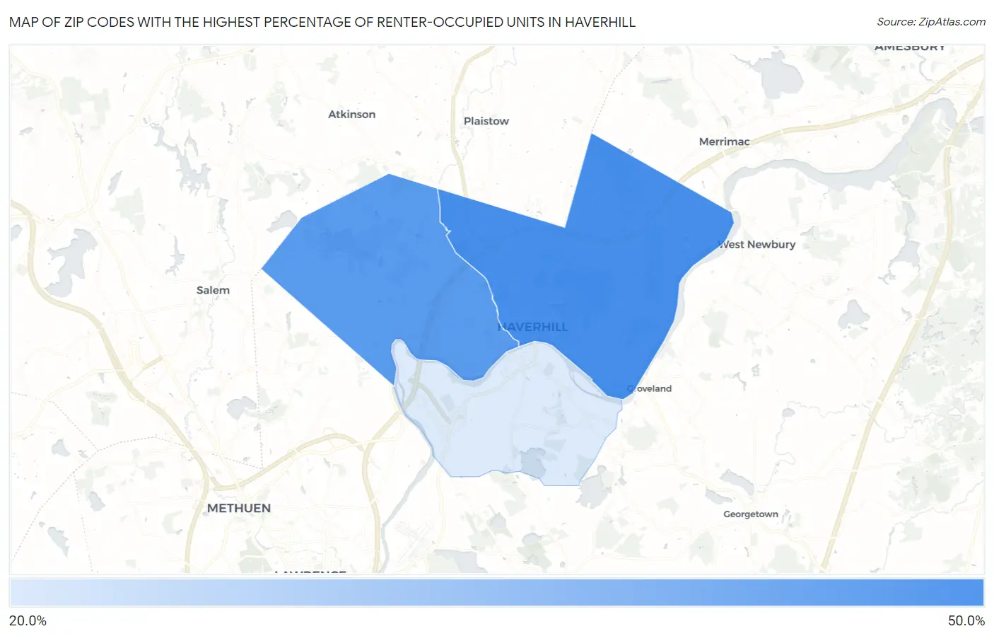 Zip Codes with the Highest Percentage of Renter-Occupied Units in Haverhill Map