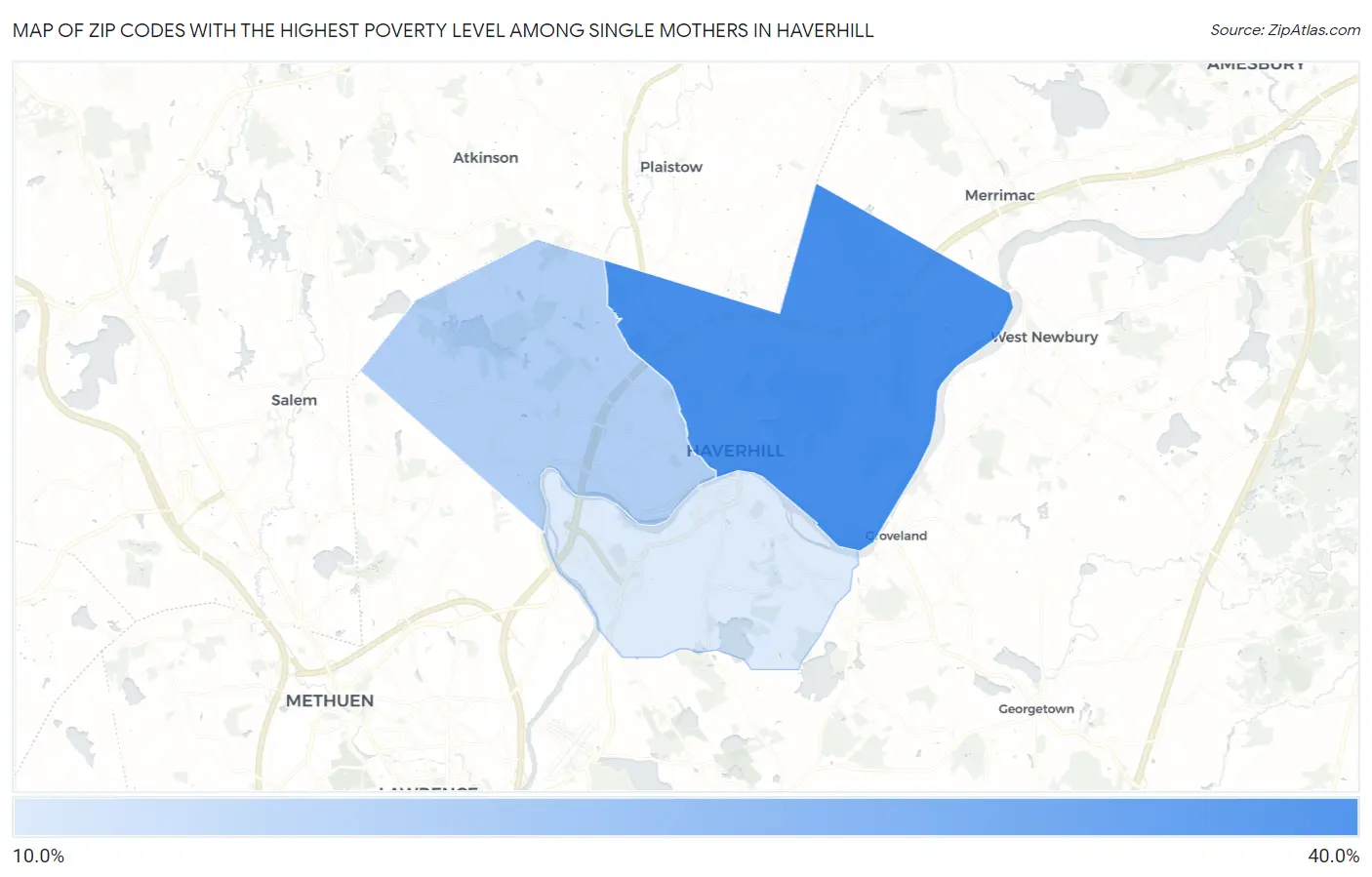 Zip Codes with the Highest Poverty Level Among Single Mothers in Haverhill Map