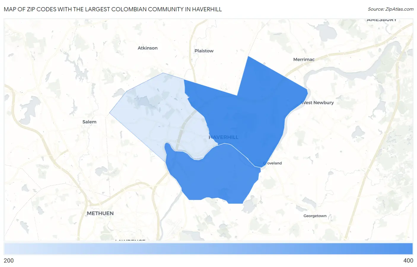 Zip Codes with the Largest Colombian Community in Haverhill Map