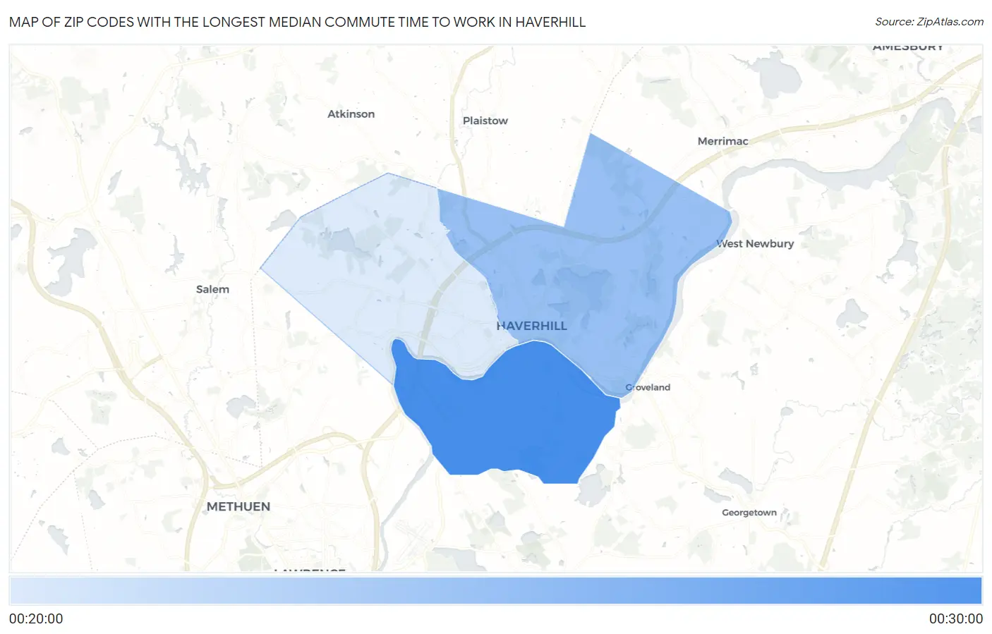 Zip Codes with the Longest Median Commute Time to Work in Haverhill Map