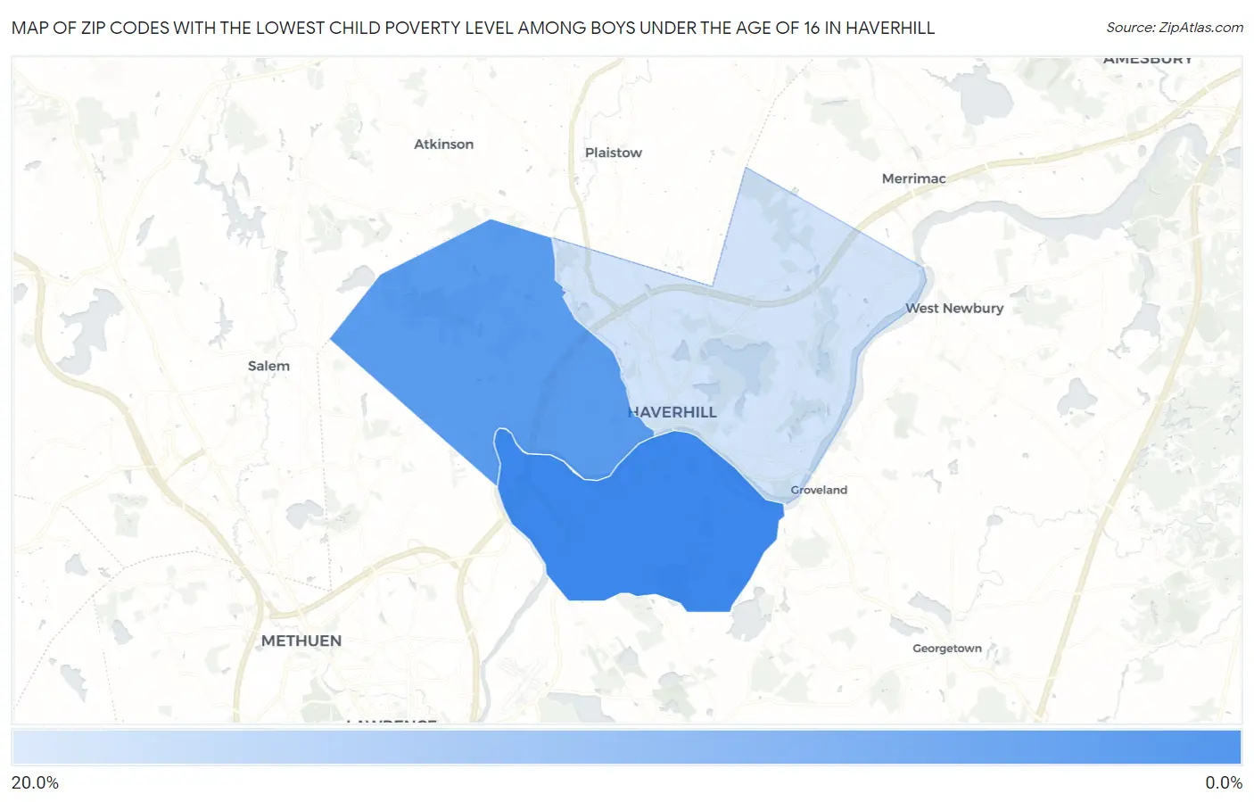 Zip Codes with the Lowest Child Poverty Level Among Boys Under the Age of 16 in Haverhill Map