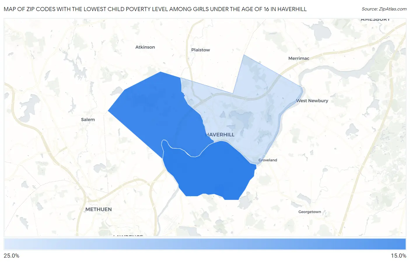 Zip Codes with the Lowest Child Poverty Level Among Girls Under the Age of 16 in Haverhill Map