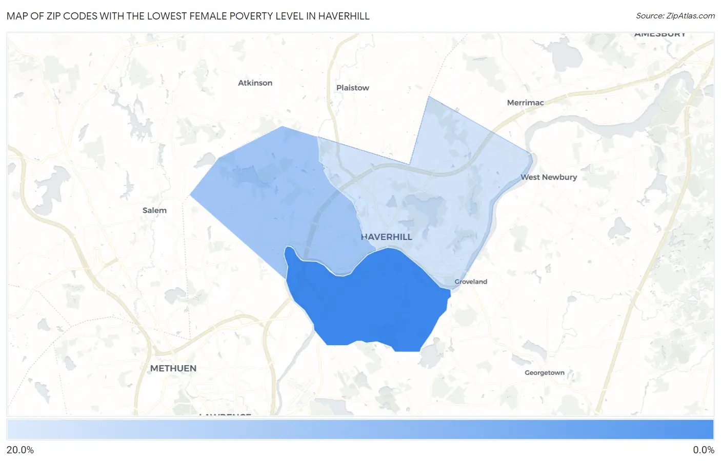 Zip Codes with the Lowest Female Poverty Level in Haverhill Map