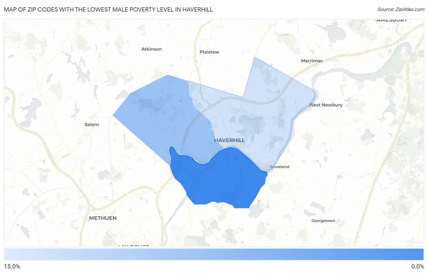 Zip Codes with the Lowest Male Poverty Level in Haverhill Map