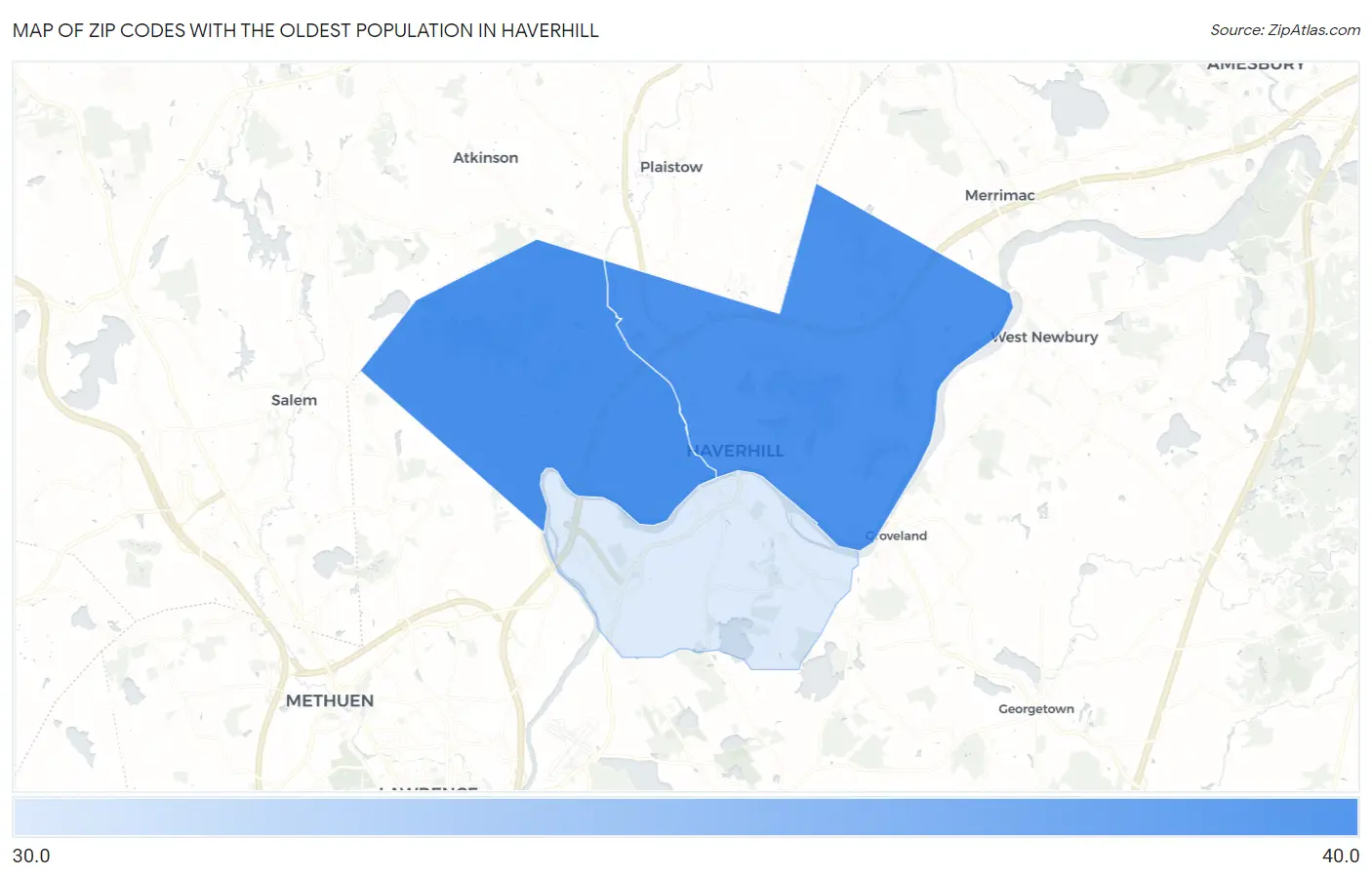 Zip Codes with the Oldest Population in Haverhill Map