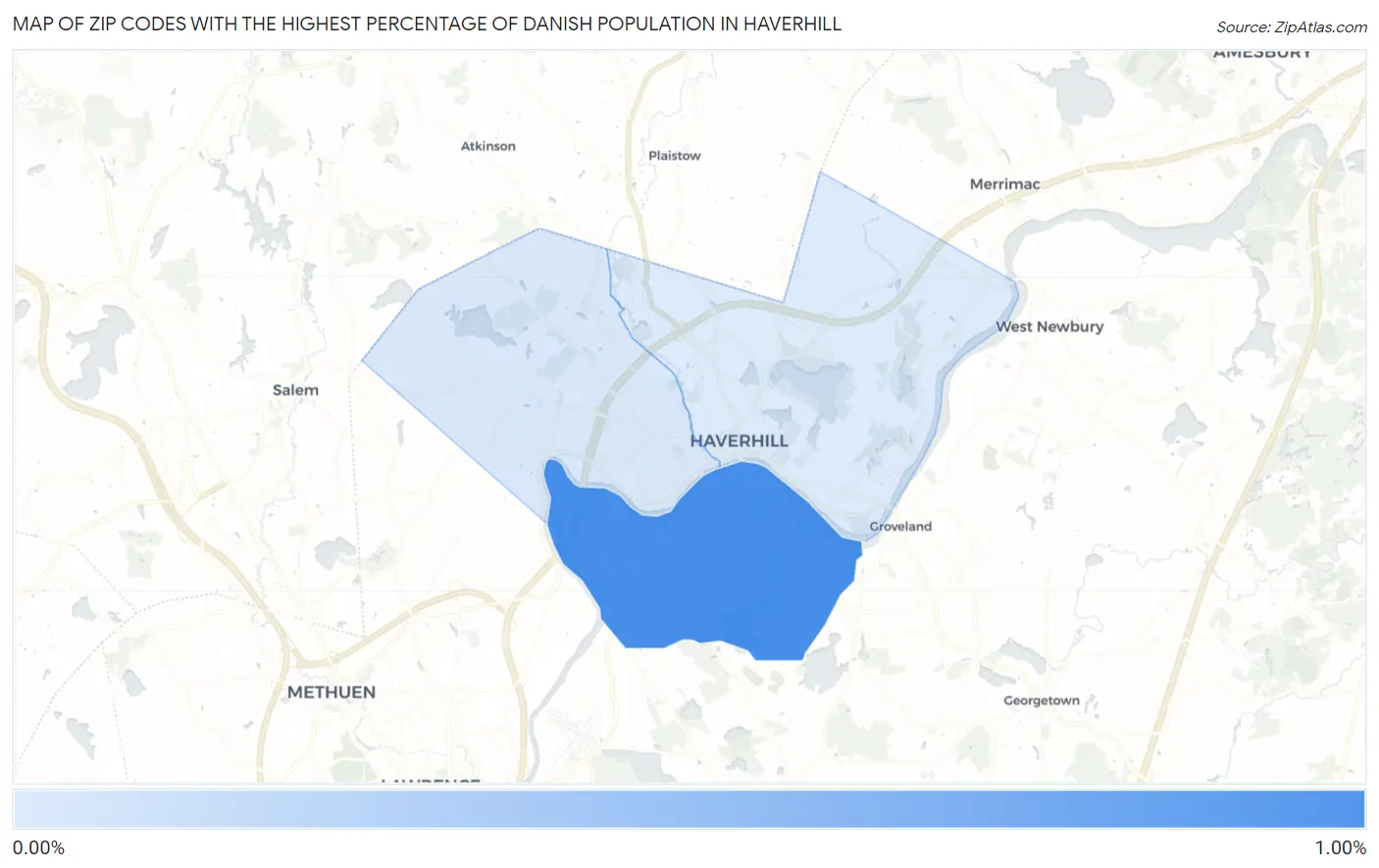 Zip Codes with the Highest Percentage of Danish Population in Haverhill Map