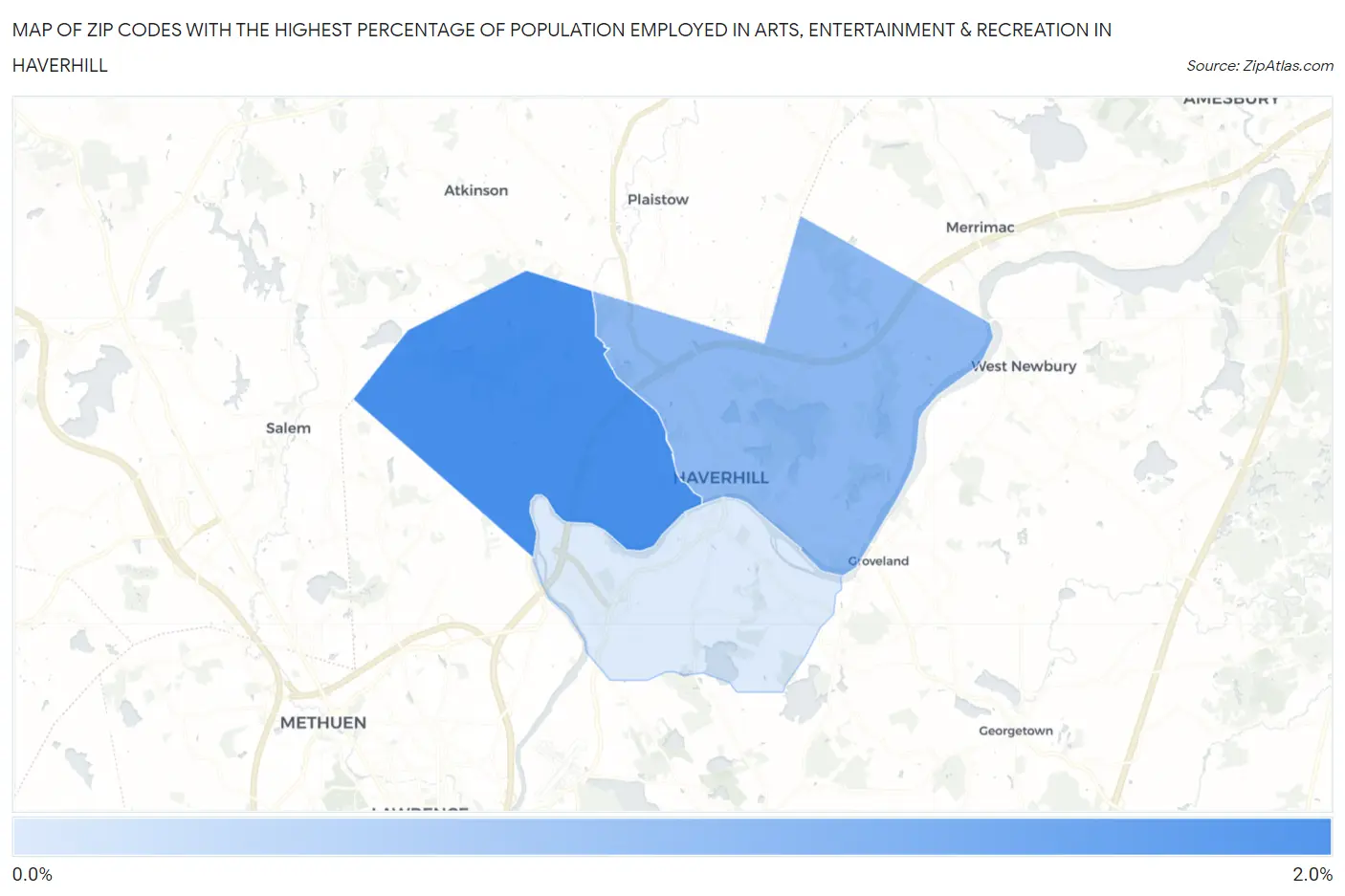 Zip Codes with the Highest Percentage of Population Employed in Arts, Entertainment & Recreation in Haverhill Map