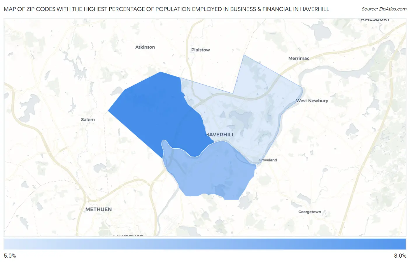 Zip Codes with the Highest Percentage of Population Employed in Business & Financial in Haverhill Map